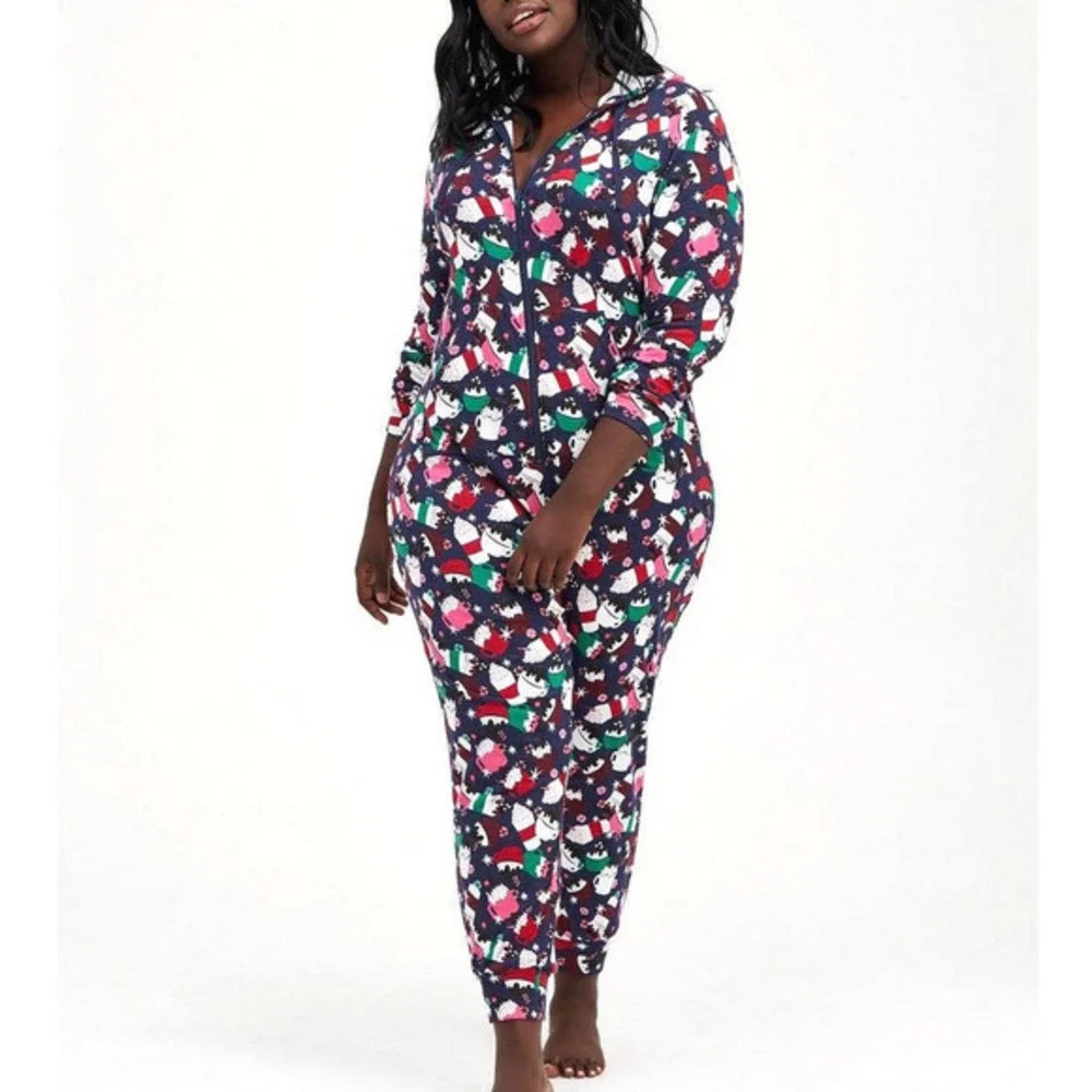 Torrid 1X/2X Fleece Full‎ Length Hooded Coffee Lovers Hooded Union Suit Pajamas